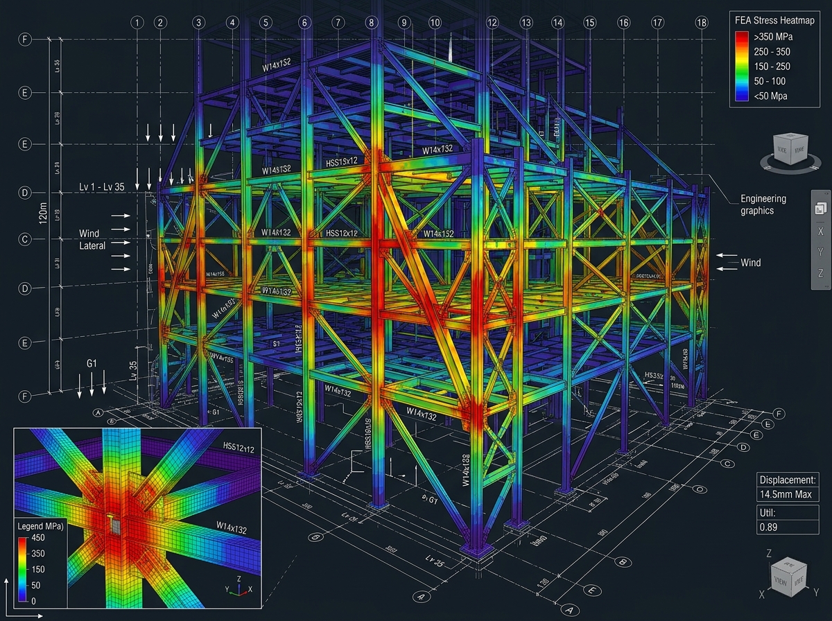Finite Element Analysis 3D Model with Stress Heatmap